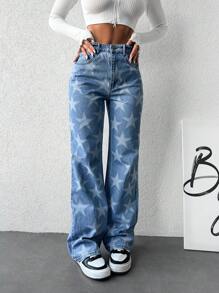 SHEIN Cottnline 女性星形圖案直筒牛仔褲 - 中等水洗藍 - 查看 5