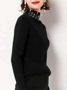 Mock Neck Sequin Decor Drop Shoulder Sweater - Black - View 5