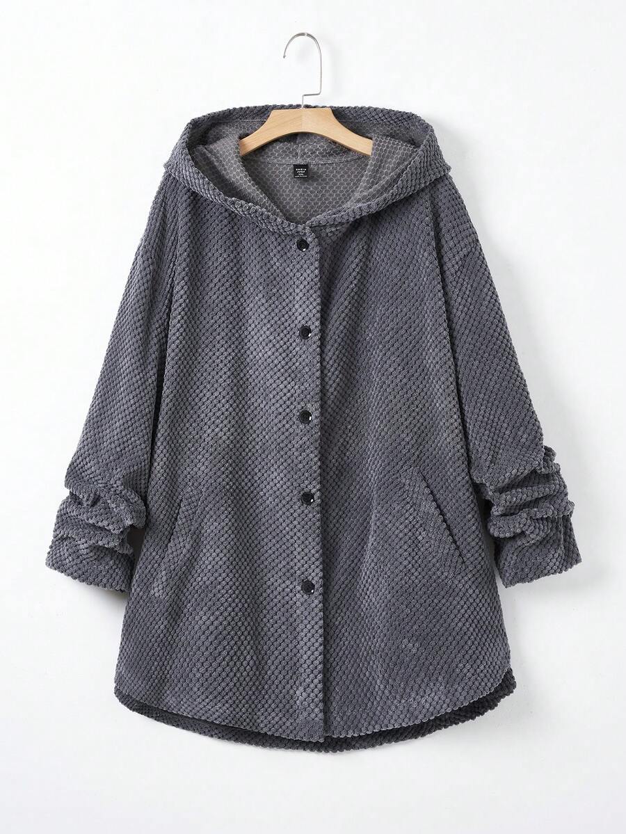 SHEIN LUNE Hơn Nút Thông qua Áo trùm đầu - Màu xám đen - Xem 1