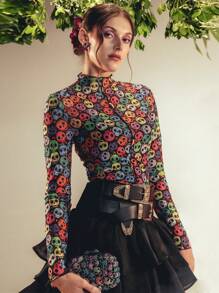 Muchica Allover Floral Print Mesh Top - Multicolor - View 2