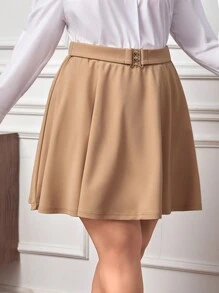 SHEIN Privé Hơn Nút kim loại Váy kèn đồng - Màu Khaki - Xem 4