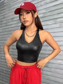 SHEIN EZwear Solid Crop Halter Top - Black - View 4