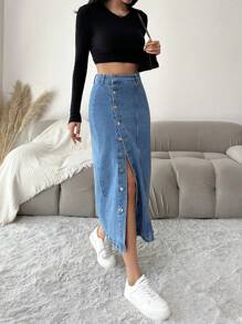 EURMUSE Button Front Denim Skirt - Medium Wash - View 4