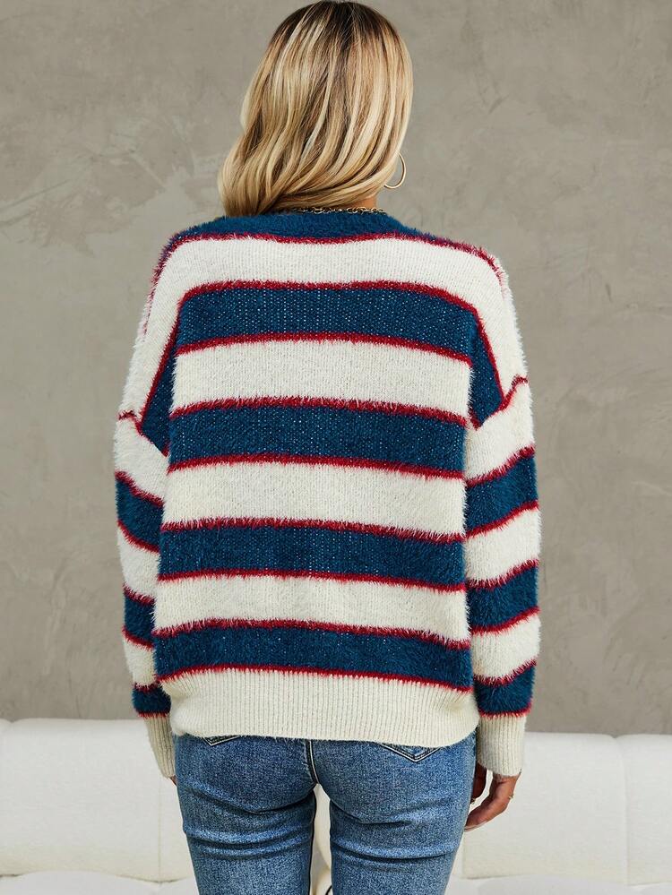 Striped Pattern Drop Shoulder Knit Pullover Fall Winter Sweater