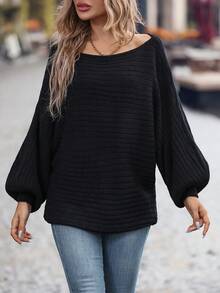 SHEIN LUNE Jersey unicolor de manga murciélago tejido de canalé - Negro - Ver 4