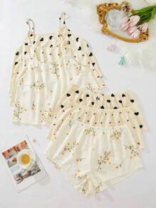 CottageSlumber 另加 3 件花卉樱桃心印花吊带上衣和 3 件短裤睡衣套装/睡衣套装 - 米色 - 查看 1