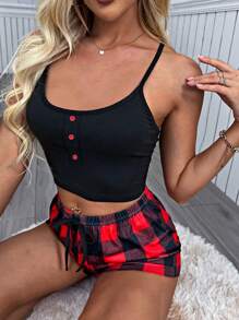 SHEIN Button Front Cami Top And Buffalo Plaid Shorts PJ Set / Pajama Set - Multicolor - View 6