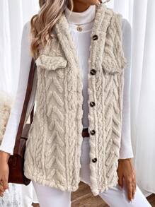 SHEIN LUNE 1pc Flap Detail Button Front Teddy Hooded Vest Coat - Beige - View 1