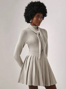 Sara Locci 素色繫帶領套頭毛衣&百褶針織短裙 - 淺灰色 - 查看 5