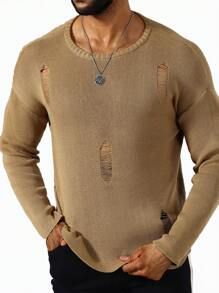 Manfinity LEGND Men Solid Ripped Drop Shoulder Sweater - Camel - View 3