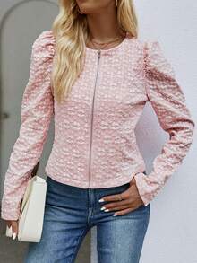 SHEIN Clasi Jacquard Gigot Sleeve Zip Up Jacket - Pink - View 5