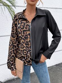 SHEIN LUNE Leopard Print Zip Up Blouse - Black - View 2