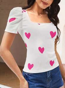 SHEIN Privé In Trái tim Ống tay áo Áo thun - Màu Hồng Tươi - Xem 5