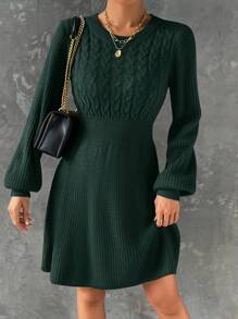 EMERY ROSE Cable Knit Lantern Sleeve Sweater Dress Fall Winter Cloth For Women - Dark Green - View 5