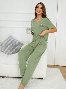 Bộ áo thun và quần PJ có đường viền cổ thêu chữ / Bộ đồ ngủ - xanh quân đội - Xem 3