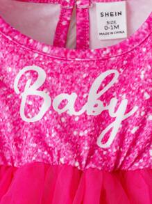SHEIN Baby Girl Letter Graphic Ruffle Trim Mesh Overlay Dress - Hot Pink - View 5