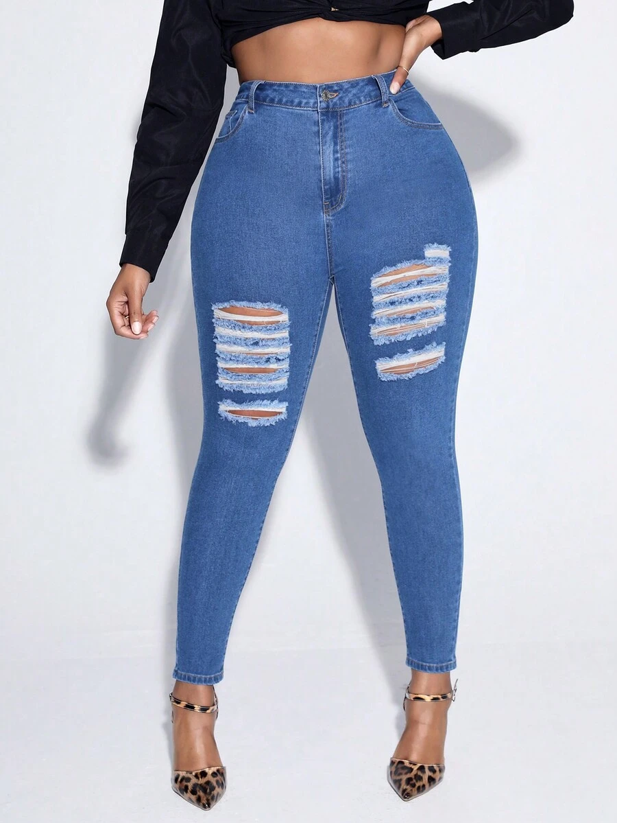 SHEIN EZwear Talla grande Jeans ajustados desgarro con cremallera - Azul lavado medio - Ver 1