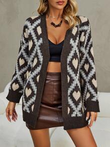 SHEIN Unity Heart Pattern Drop Shoulder Cardigan Without Belt Fall Cloth For Women - Multicolor - View 4