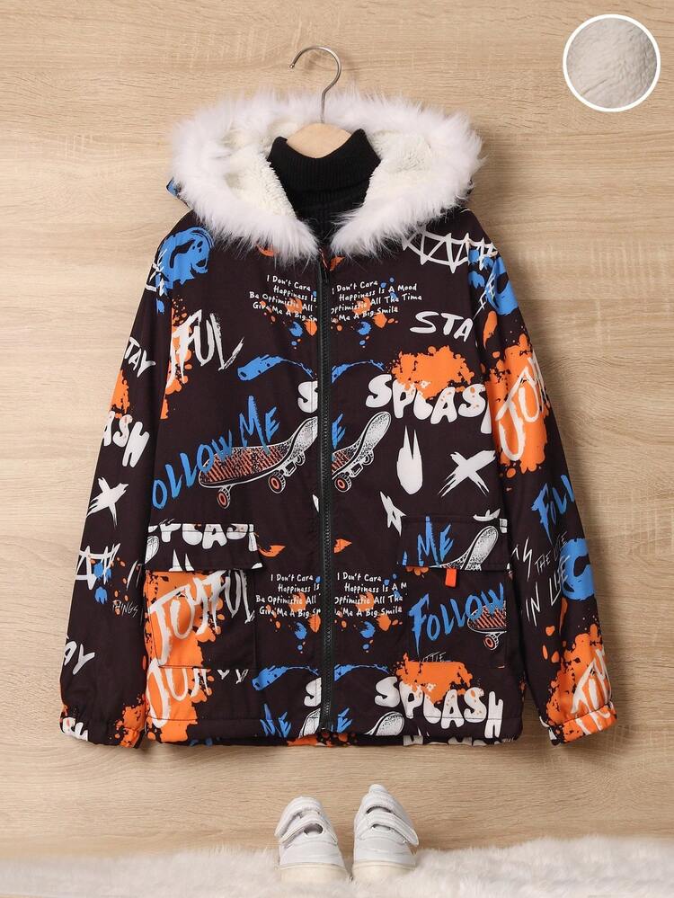 Tween Boy Letter Graphic Fuzzy Trim Hooded Thermal Lined Coat Without Sweater