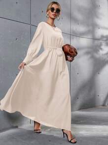 SHEIN LUNE Solid Belted Maxi A-line Dress - Beige - View 4