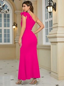 One Shoulder Ruffle Trim Split Thigh Dress - Hot Pink - View 2
