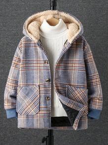 SHEIN 男大童1入組格紋雙口袋拼接絨毛連帽花呢外套 - 彩色 - 查看 1