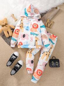 SHEIN Young Girl Cartoon Graphic Hoodie & Sweatpants - Multicolor - View 1