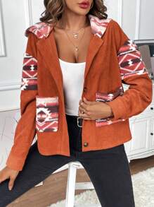 SHEIN Clasi Geo Print Drop Shoulder Hooded Corduroy Jacket - Khaki - View 1