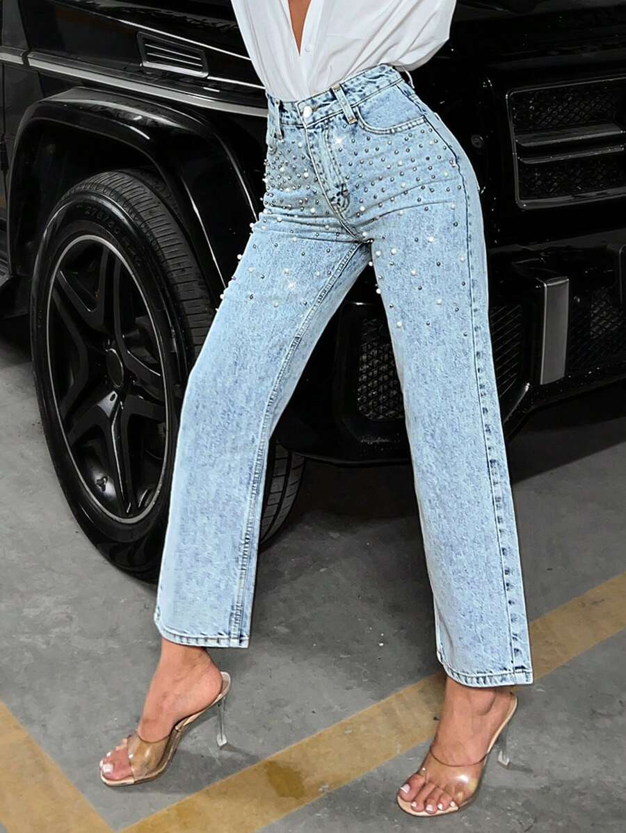 EURMUSE 女款高腰珍珠鑲飾斜口袋直筒牛仔褲 - 藍色 - 查看 1