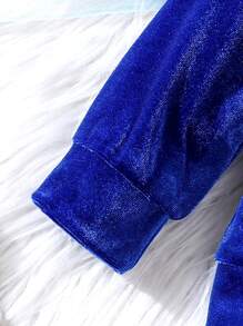SHEIN Baby Girl Heart Embroidery Hooded Velvet Jacket & Pants - Royal Blue - View 4