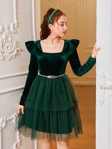 SHEIN Teen Girl Square Neck Ruffle Trim Mesh Overlay Velvet Dress Without Belt for Christmas - Green - View 5