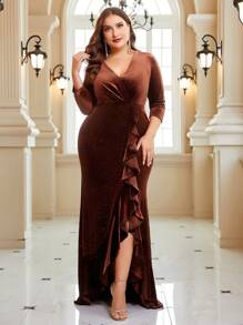 SHEIN Belle Burgundy Red Plus Ruffle Trim Glitter Bridesmaid Dress - Burgundy - View 6