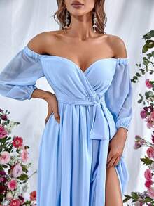 Faeriesty 露肩开叉大腿系带连衣裙优雅伴娘礼服