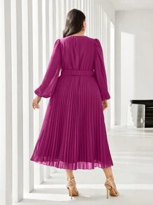 Modelyn Plus Keyhole Neckline Lantern Sleeve Belted Dress - Red Violet - View 2