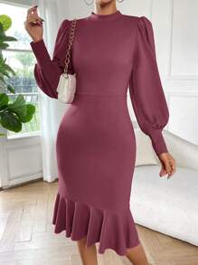 SHEIN Privé Vestido de manga farol fruncido bajo sirena - Rosa vieja - Ver 1