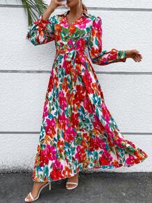 SHEIN VCAY Allover Floral Print Lantern Sleeve Belted Dress - Red - View 6