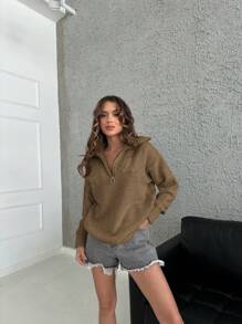 EURMUSE Half Zip Drop Shoulder Sweater - Beige - View 3