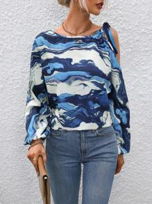 Chiquease 滿版印花打結細節不對稱領燈籠袖襯衫