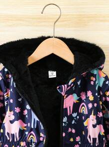 SHEIN 少女单件花卉印花连帽泰迪熊内衬双面外套