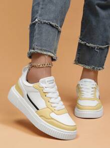 女士运动鞋，黄色休闲鞋，白色平底滑板鞋 - 黃色 - 查看 5