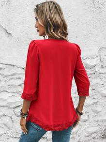 SHEIN Clasi Contrast Lace Fold Pleated Detail Plicated Detail Plicated Detail Blouse - Red - View 2