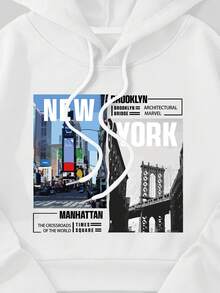 SHEIN EZwear Street View And Letter Graphic Thermal Lined Drawstring Crop Hoodie - White - View 4