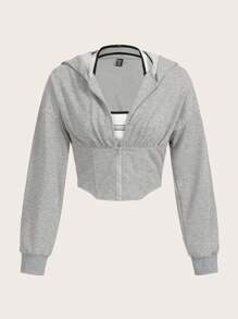 SHEIN EZwear 大码落肩拉链卫衣 - 淺灰色 - 查看 1