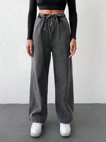 EURMUSE Drawstring Waist Straight Leg Jeans - Grey - View 1