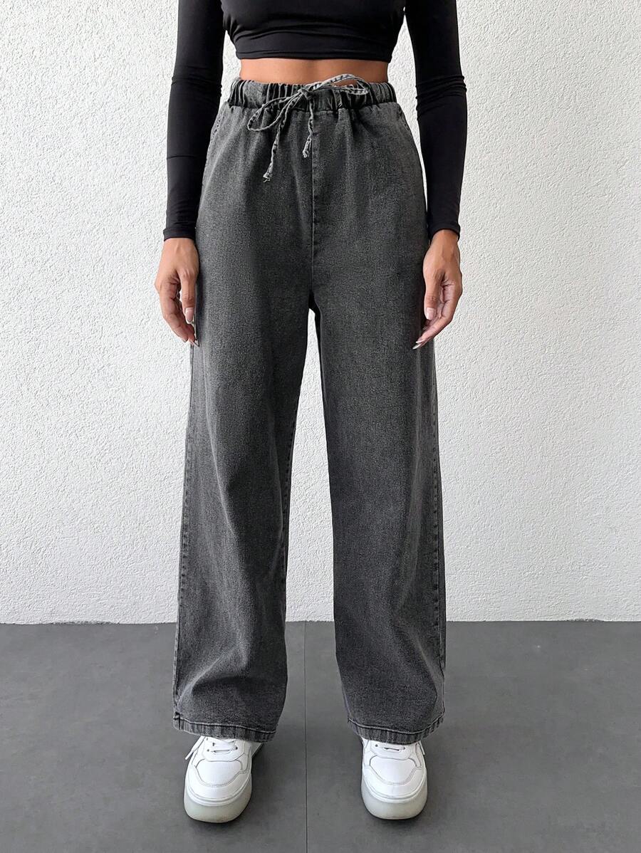 EURMUSE Drawstring Waist Straight Leg Jeans - Grey - View 1