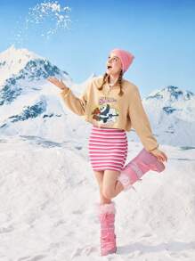 We Bare Bears X SHEIN Cartoon Graphic Drop Shoulder Sweatshirt - Khaki - View 4