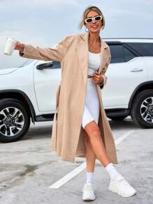 EURMUSE Lapel Neck Drop Shoulder Belted Overcoat - Beige - View 1