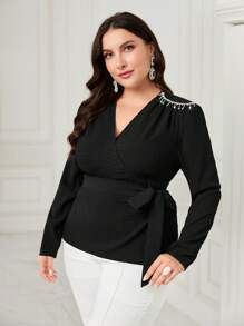 Modelyn Plus Pearls Beaded Knot Side Wrap Blouse - Black - View 1