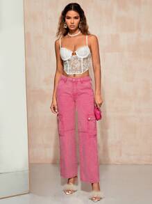 SHEIN BAE Flap Pocket Side Cargo Jeans - Pink - View 3