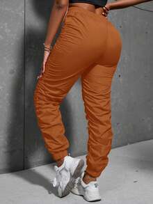 SHEIN Slayr Solid Drawstring Waist Ruched Pants - Burnt Orange - View 2